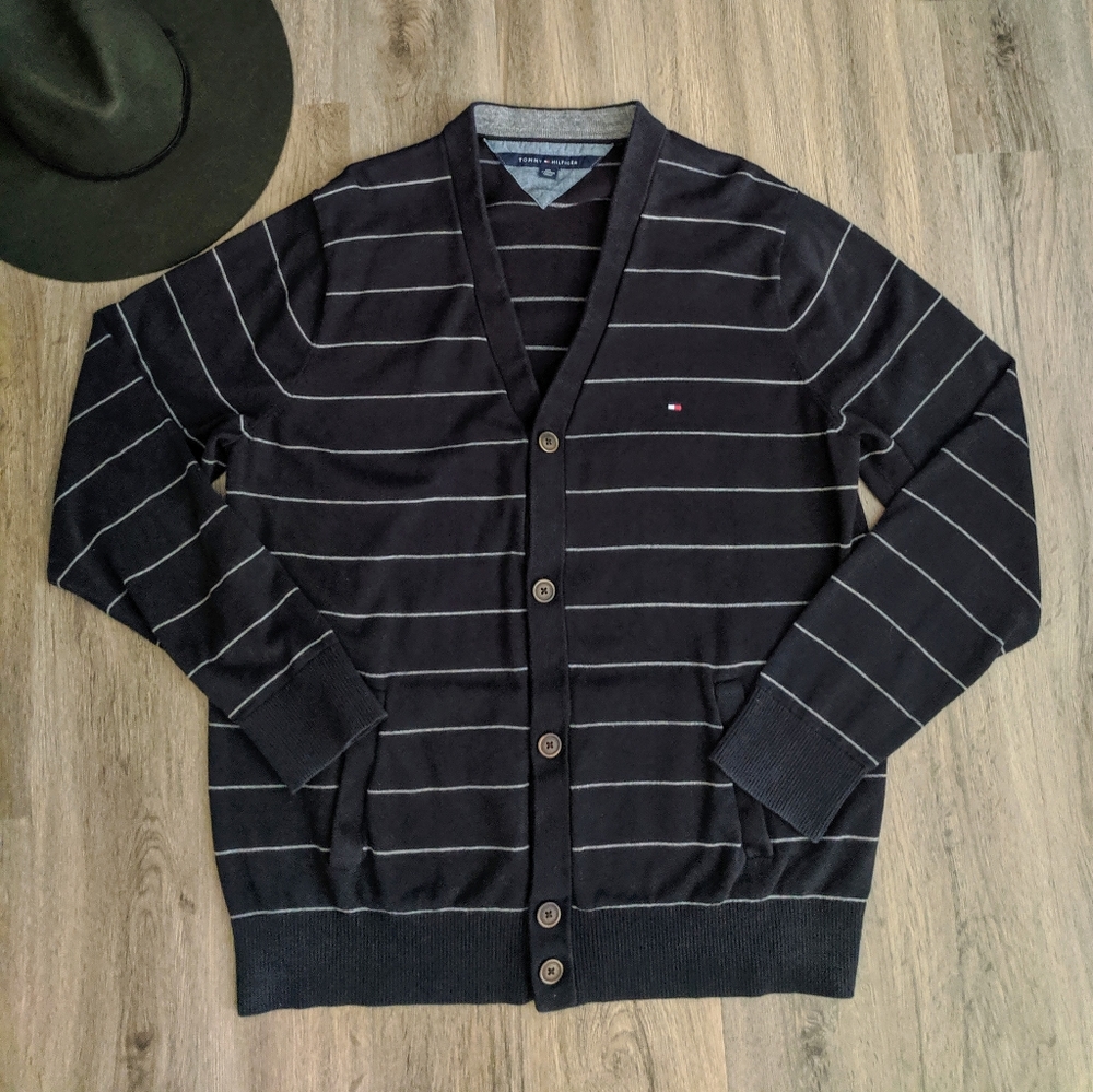 Tommy Hilfiger Navy Striped Button Up Sweater XXL